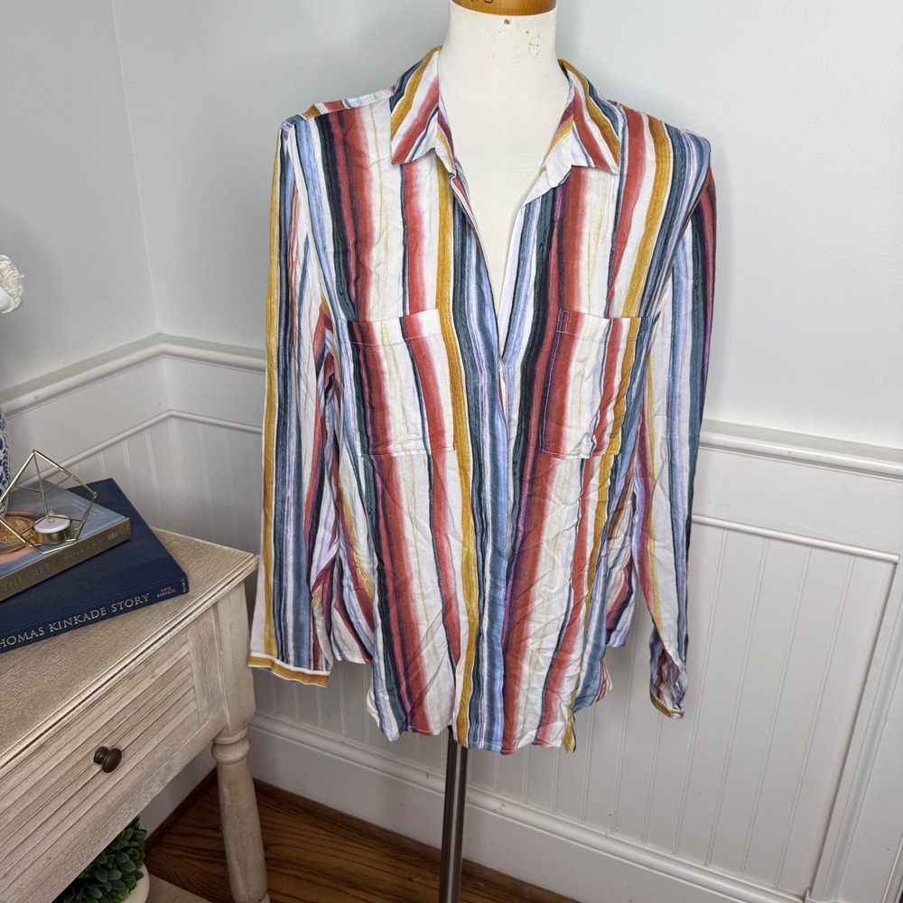 Cloth & Stone Anthropologie Multi Color Striped Button Down Shirt Rayon Large